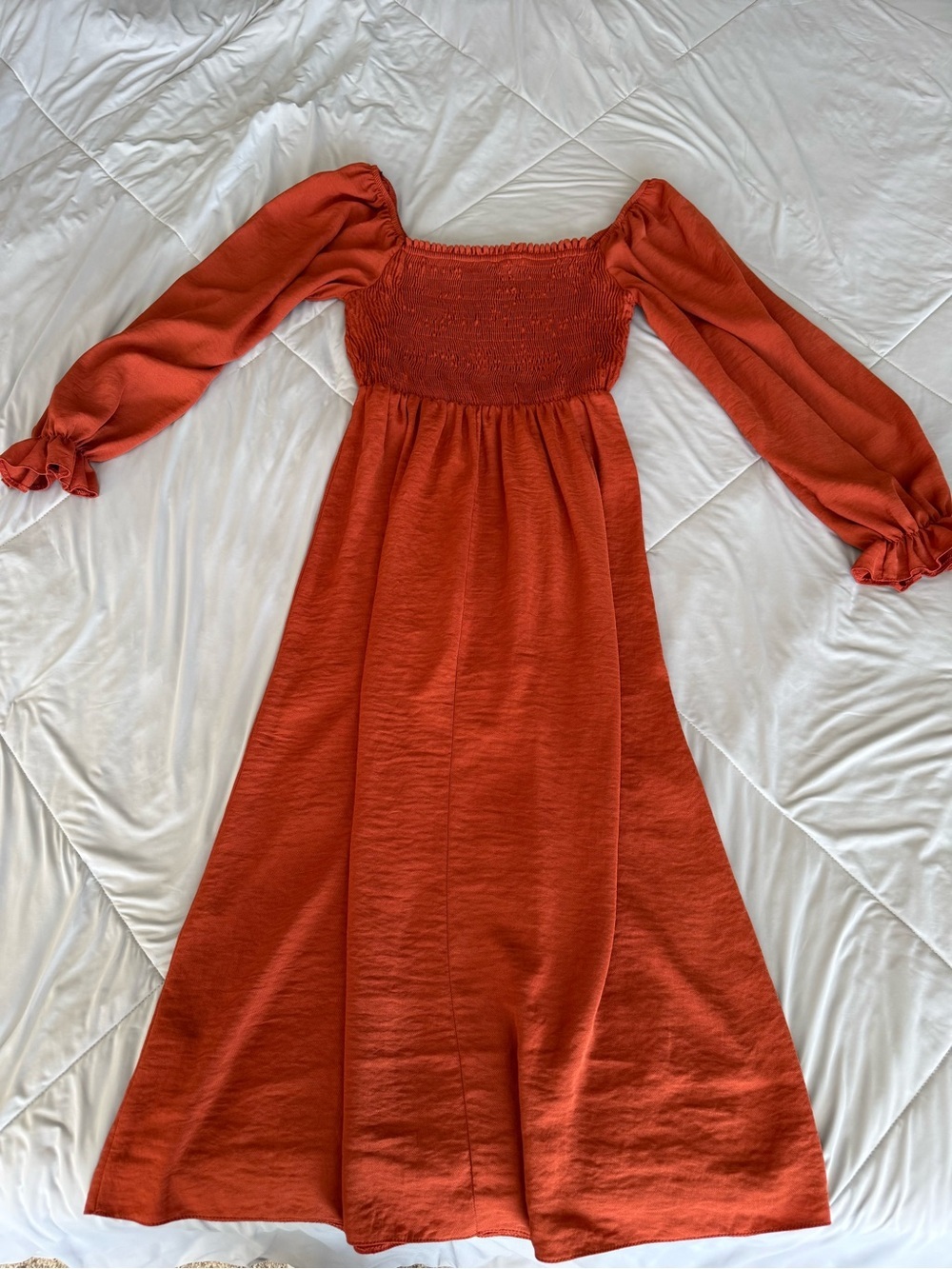 New Look Rust Orange Smocked Cinched Bodice Maxi Dress Flowy Summer Fall - Picture 7 of 9
